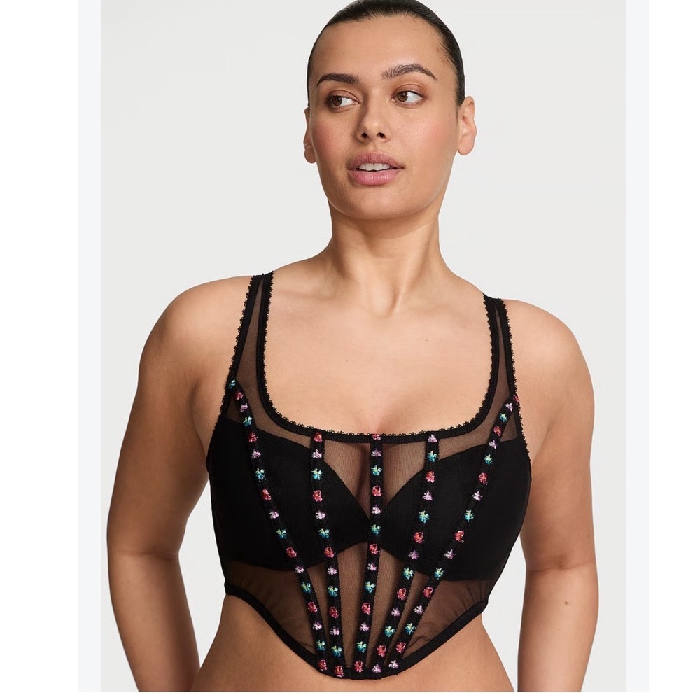 NEW Victorias Secret Dark Blossom Embroidery Corset Top Black Floral Mesh L/G